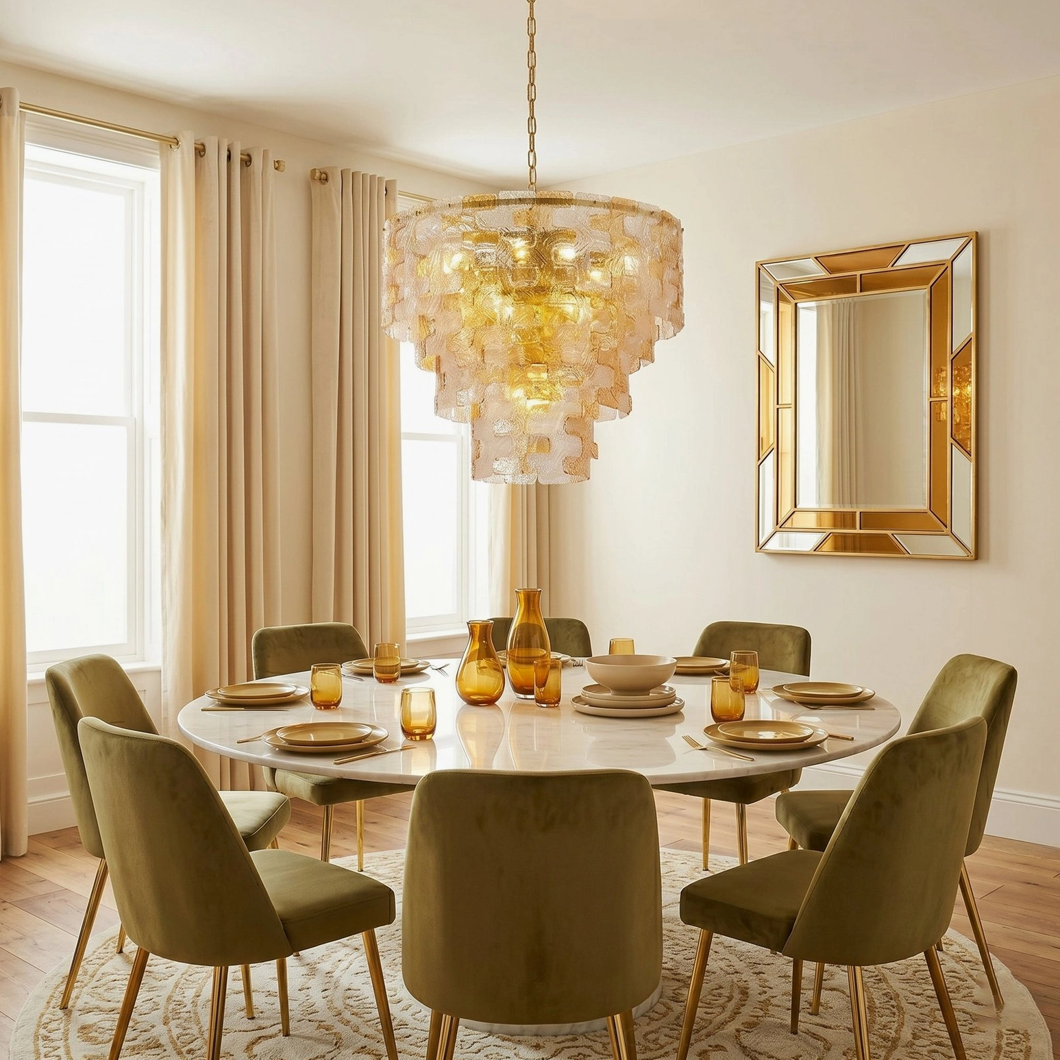Jigsaw glass chandelier above round dining table in modern formal dining space with neutral minimalist interior