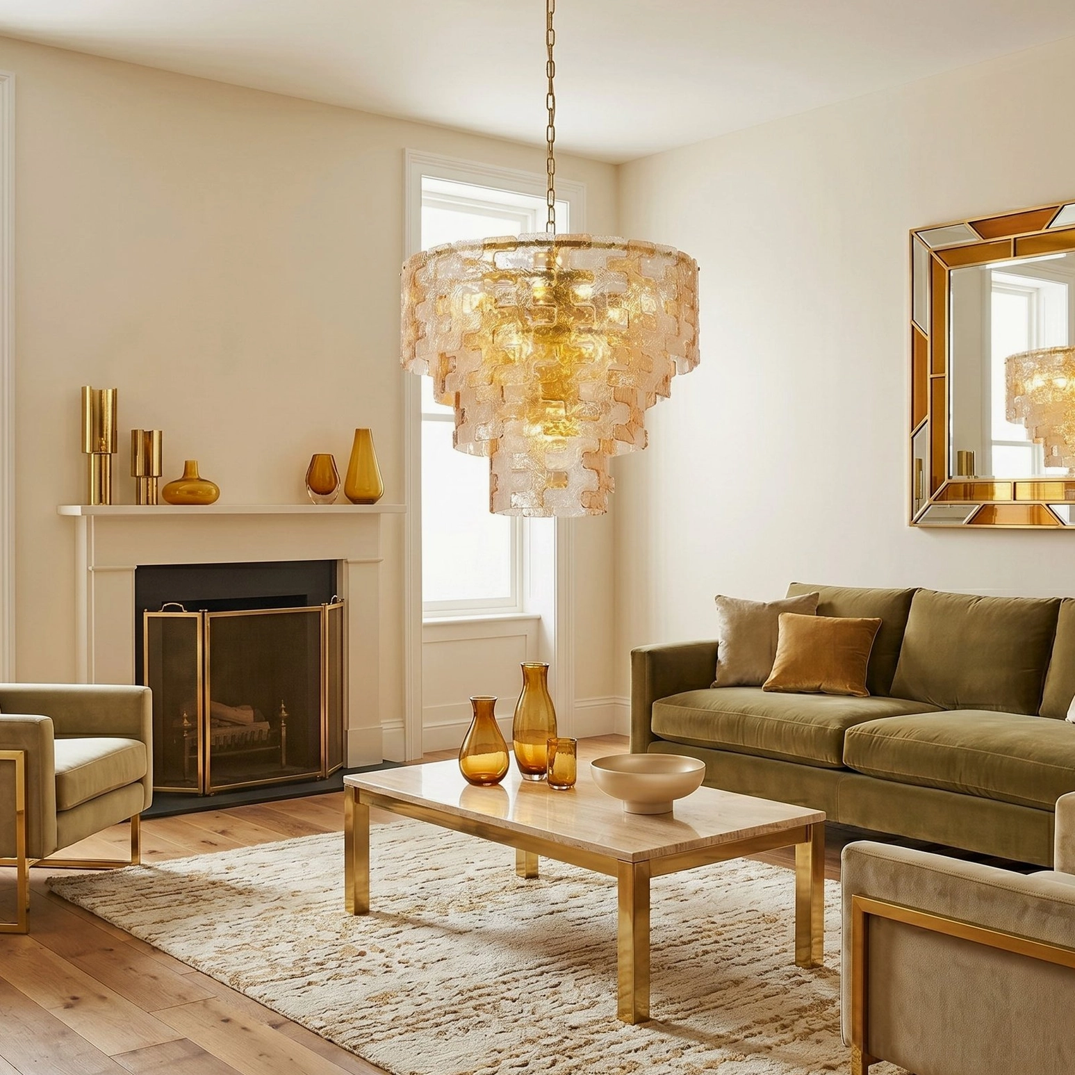 Mid-century modern tiered glass chandelier suspended in minimalist formal living room with warm neutral tones