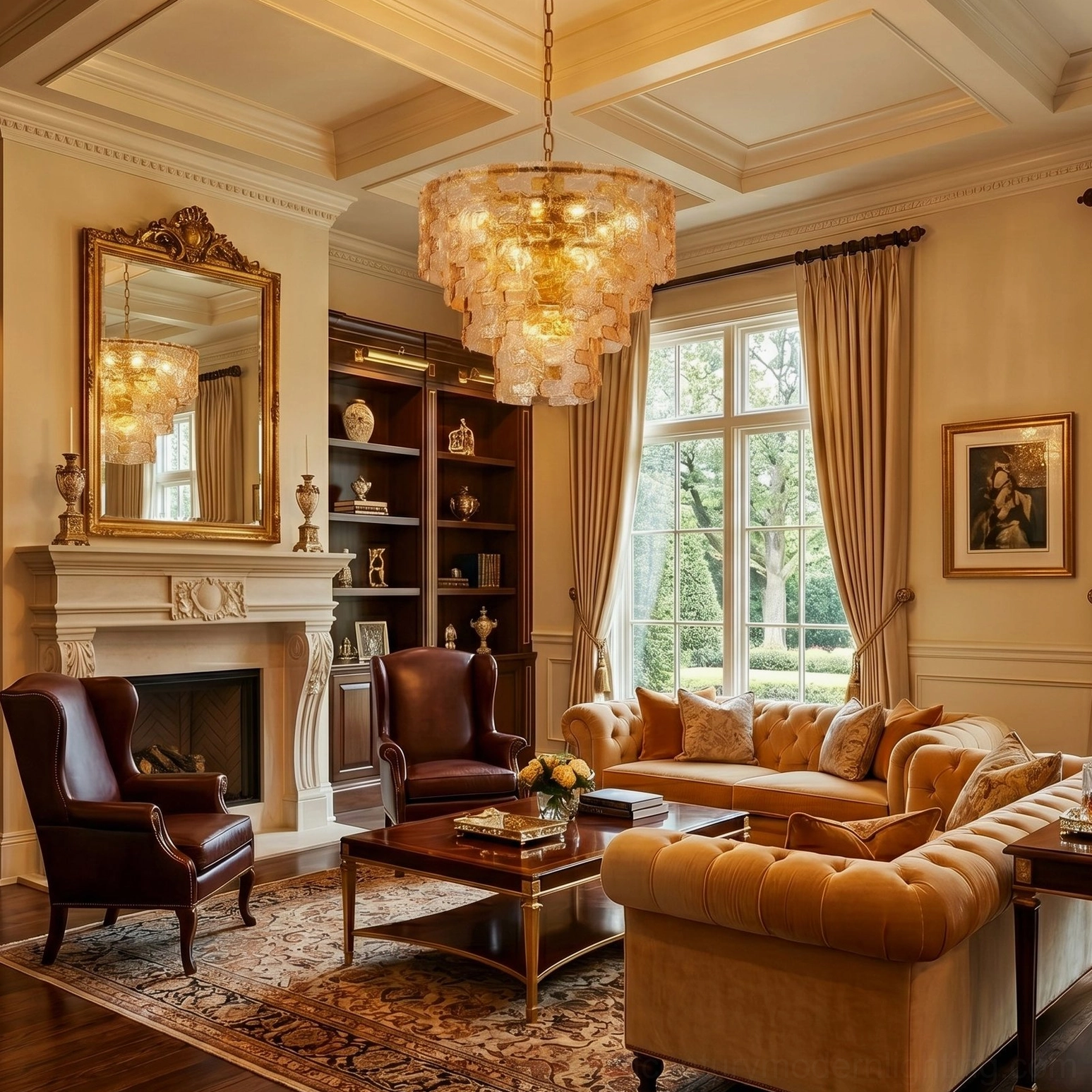 Tiered glass pyramid chandelier in grand neoclassical living room with classic furnishings and architectural details