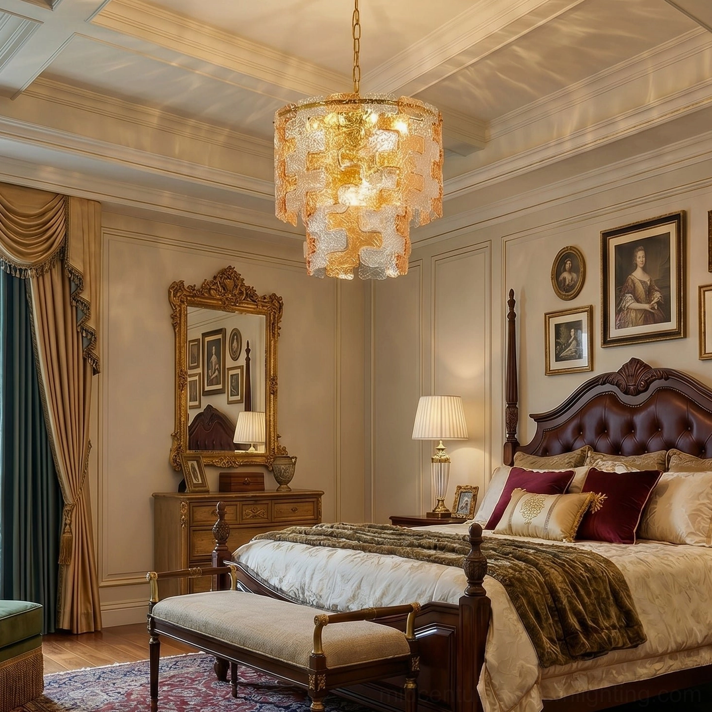 Inverted ziggurat glass chandelier creating sculptural light fixture in traditional vintage bedroom ambiance