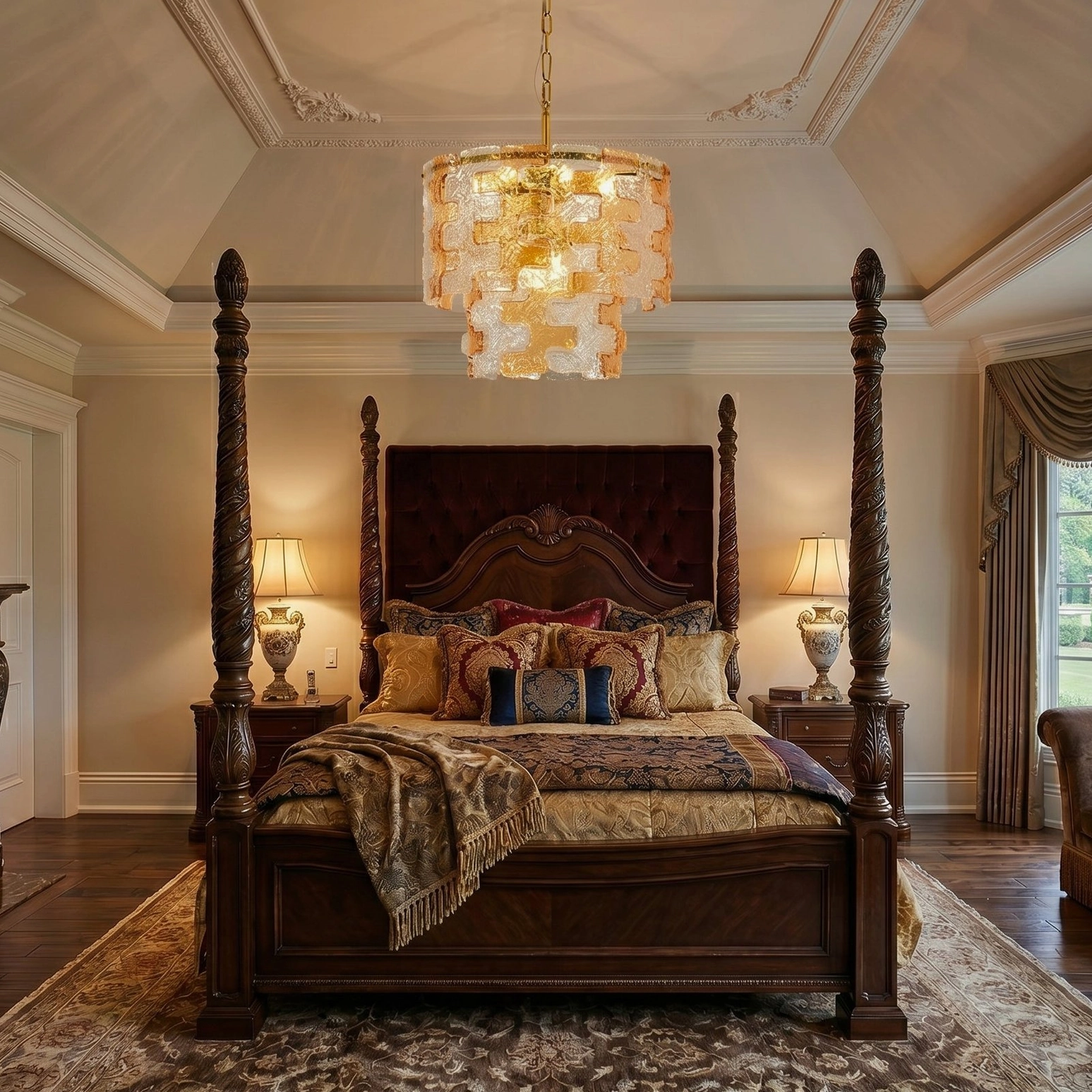 Stacked glass chandelier suspended in luxury master bedroom with four-poster bed and traditional decor