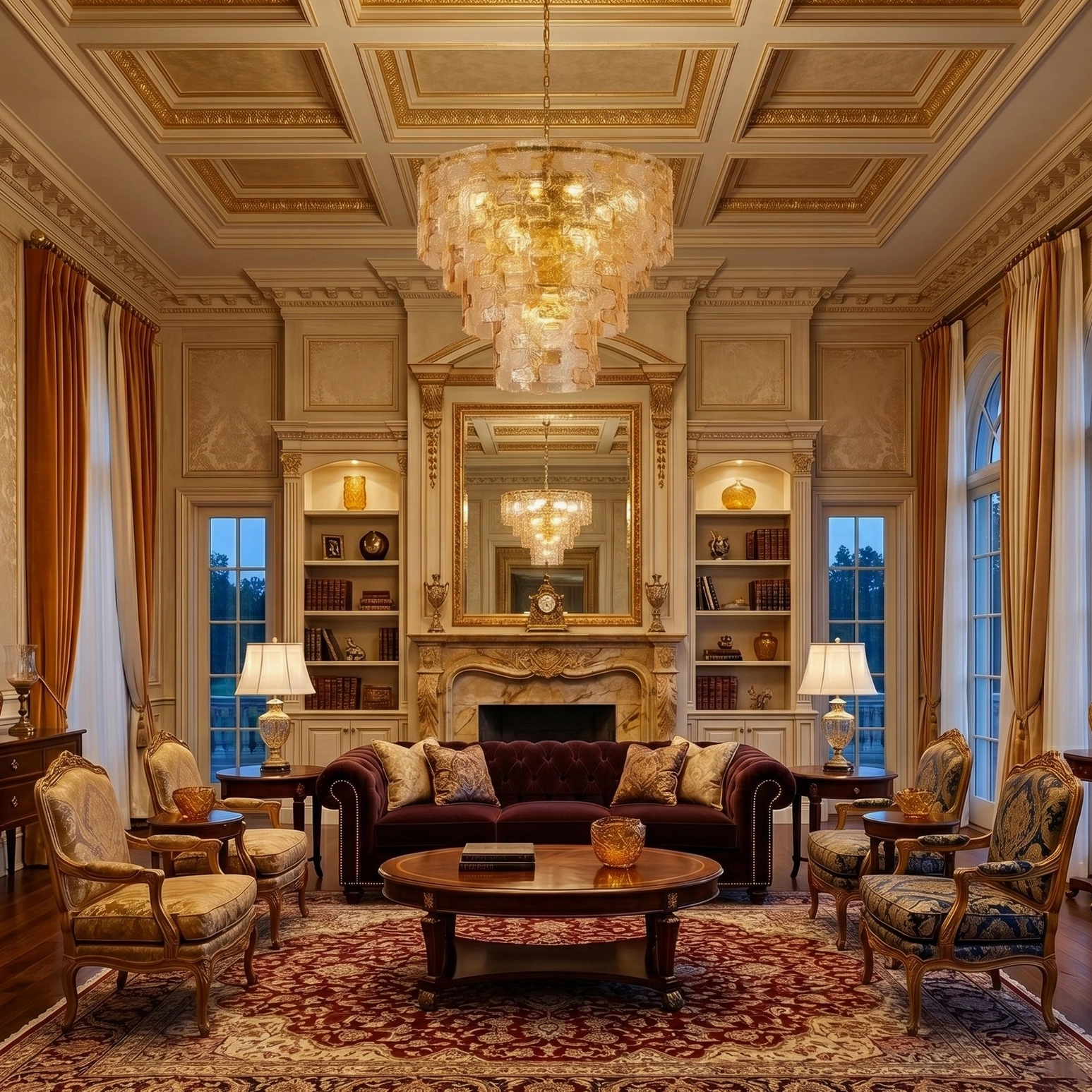 Water-ripple glass tiered chandelier in opulent palace-style formal living room with neoclassical architecture
