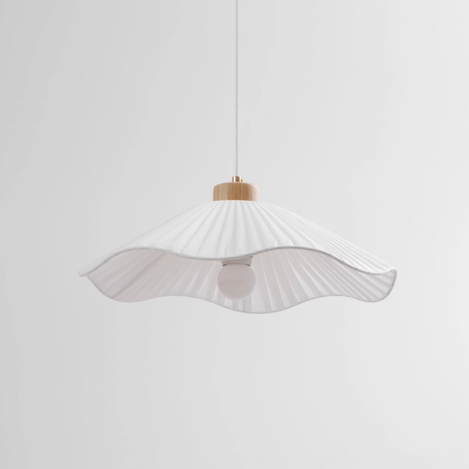 Jimi pleated pendant light detail shot, fabric shade texture with natural wood ceiling bracket, Nordic design aesthetic