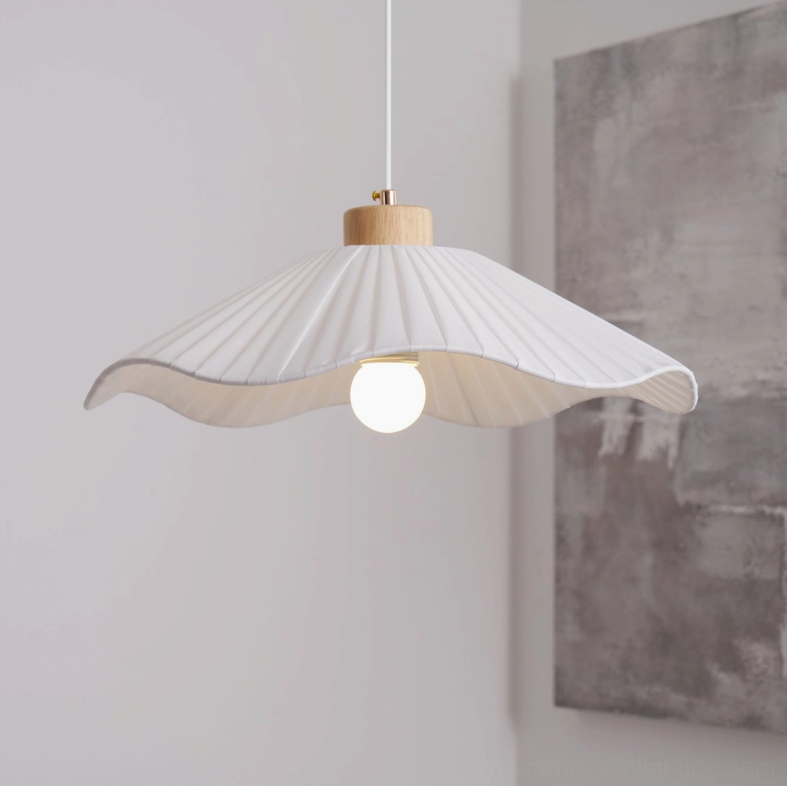 Jimi fabric pendant light side view showing pleated shade structure, wooden fixtures, neutral grey tone decorative space