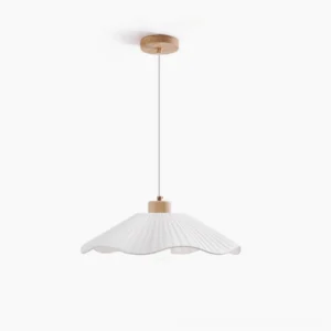 Jimi pleated fabric pendant light with natural wood collar, top-down flat lay on white background, showing geometric pleated shade structure
