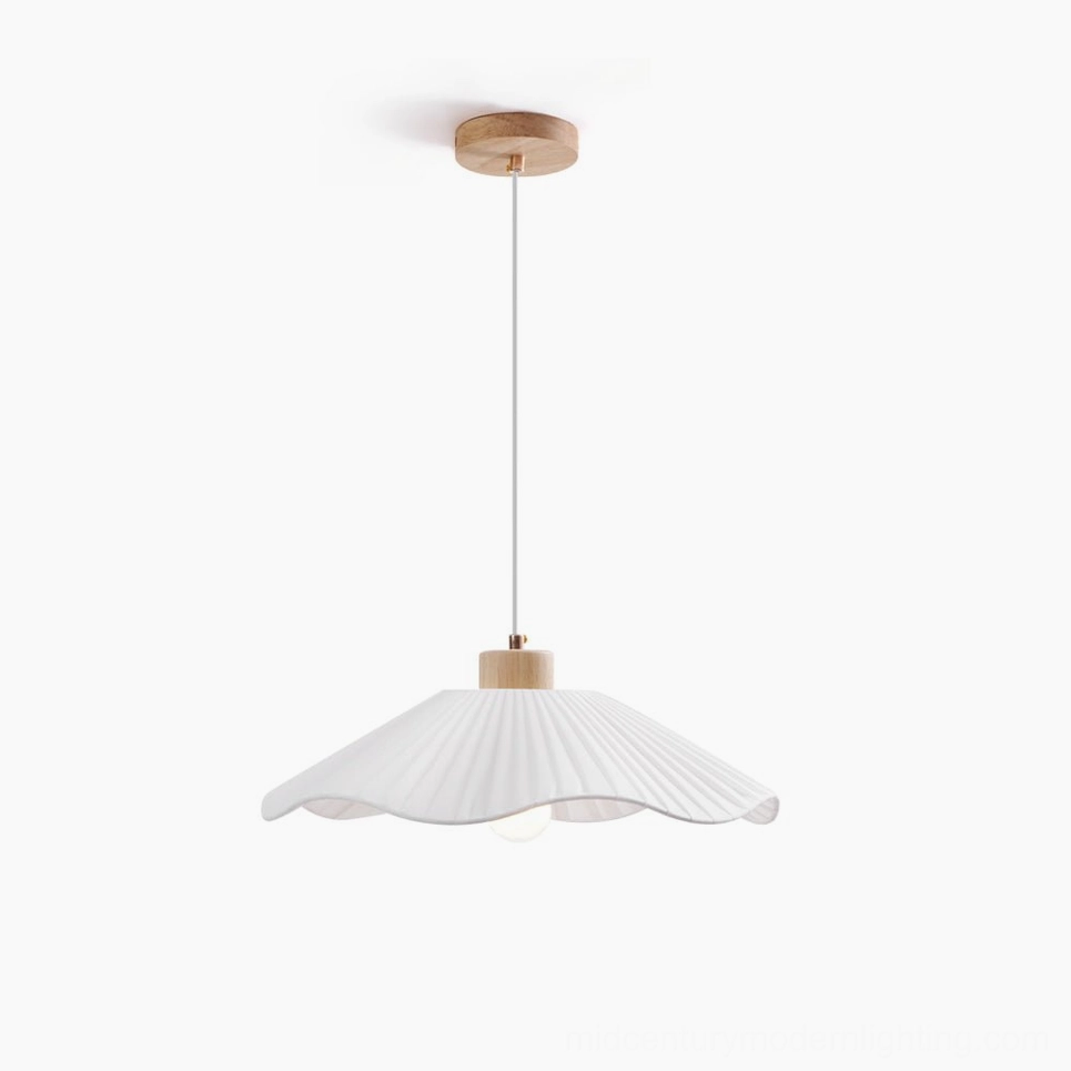 Jimi pleated fabric pendant light with natural wood collar, top-down flat lay on white background, showing geometric pleated shade structure
