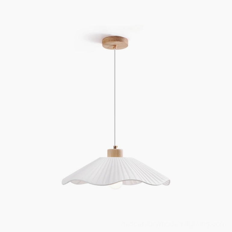 Jimi fabric pendant light detail, crisp white pleated textile, wooden mounting, mid-century modern Scandinavian lighting
