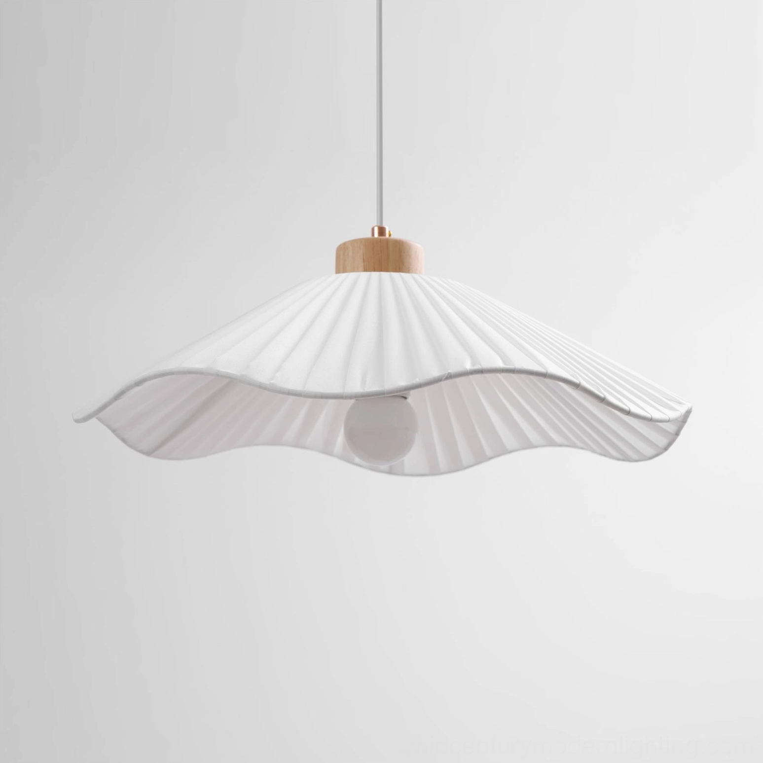 Jimi fabric pendant light hanging view, white pleated shade meeting natural wood collar, modern Scandinavian style fixture