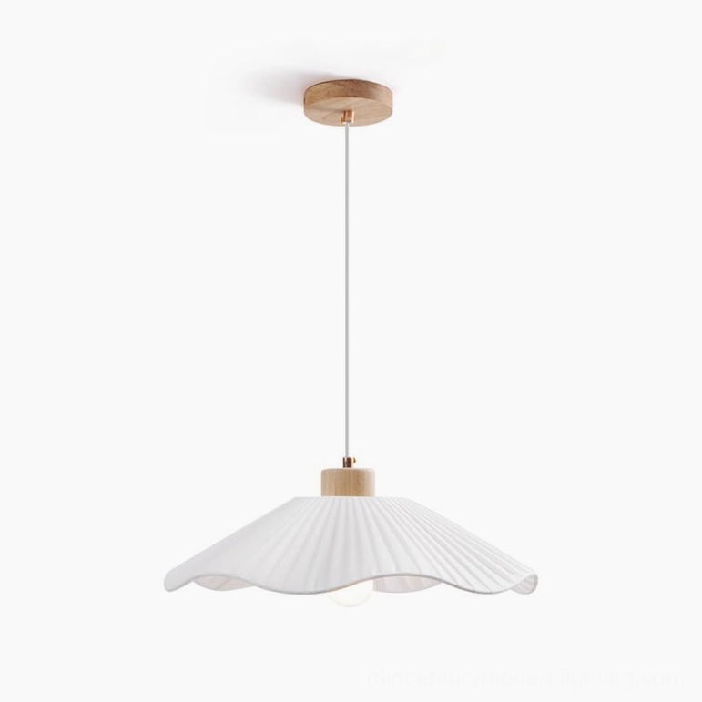 Jimi pleated fabric pendant light large size, Ø 50cm, white finish with wood collar, kitchen or dining room application