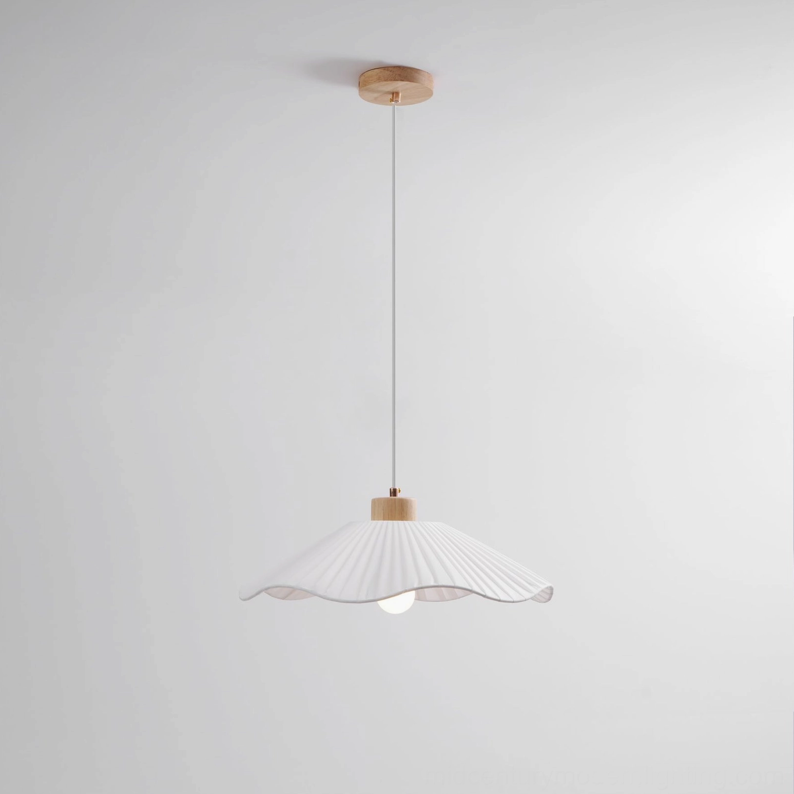 Jimi pendant light suspended in modern minimalist interior, white pleated fabric diffusing soft overhead lighting