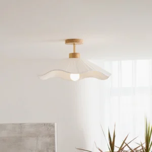 Jimi fabric ceiling lamp side profile in minimalist living room with sheer curtains