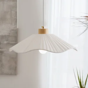Jimi pendant light close-up front view, white pleated fabric shade with wooden ceiling mount, exposed E27 LED bulb visible