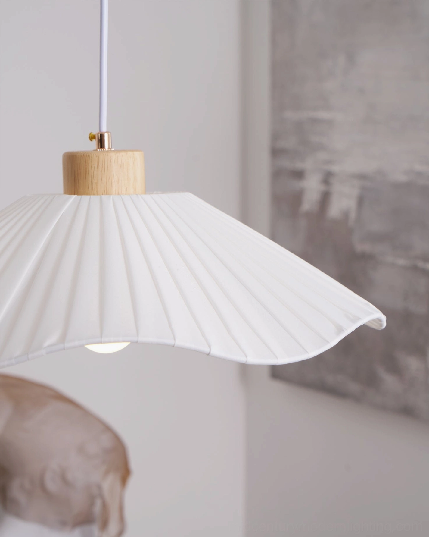 Jimi pleated pendant light full composition, natural wood and white finish, hanging in clean Scandinavian-inspired interior