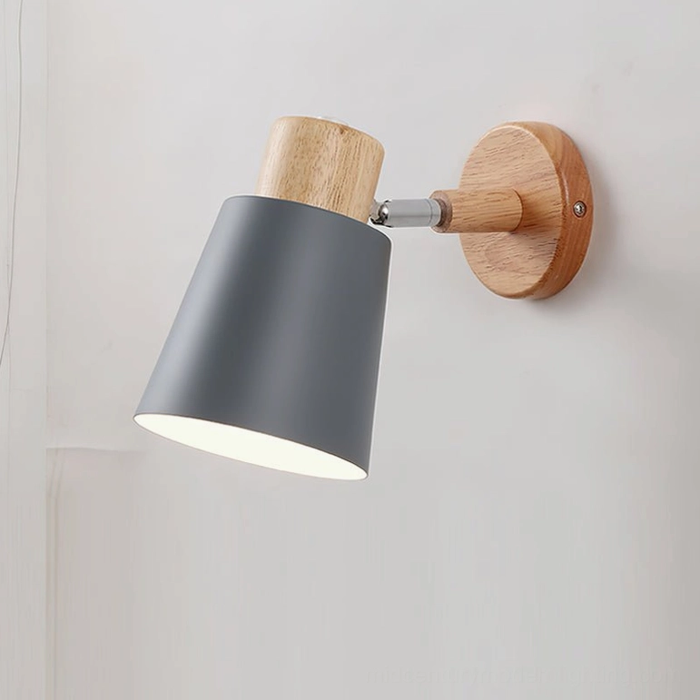 Joan wall lamp grey and natural wood color finish, frontal view on white background showcasing Scandinavian design