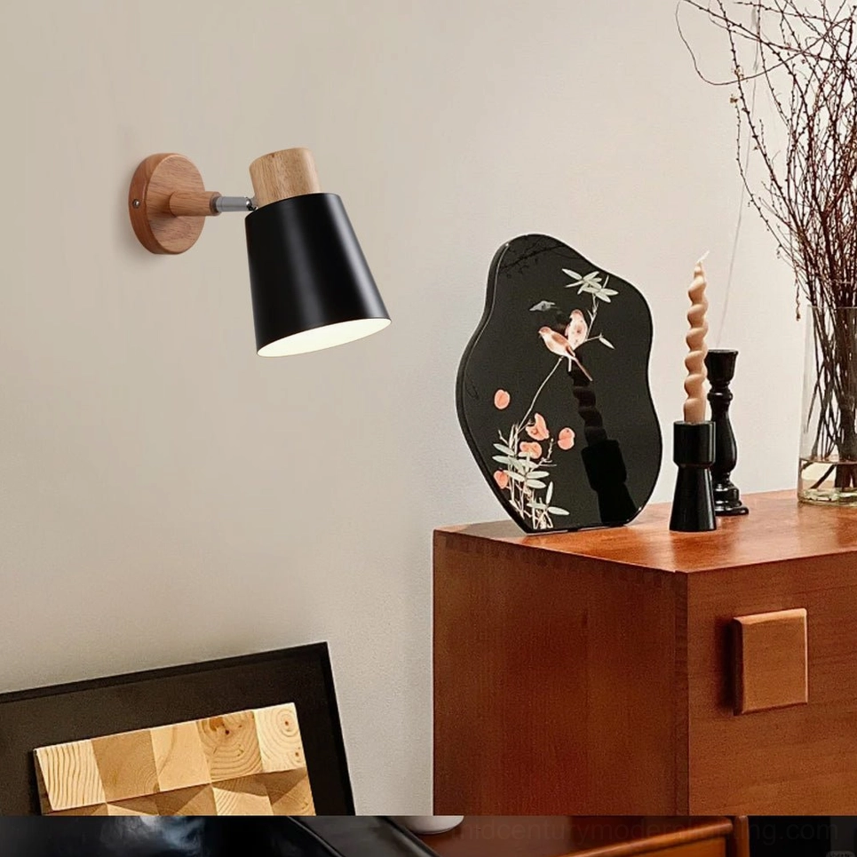 Joan Scandinavian wall lamp side profile showing angled conical shade and wood bracket detail, vintage home display