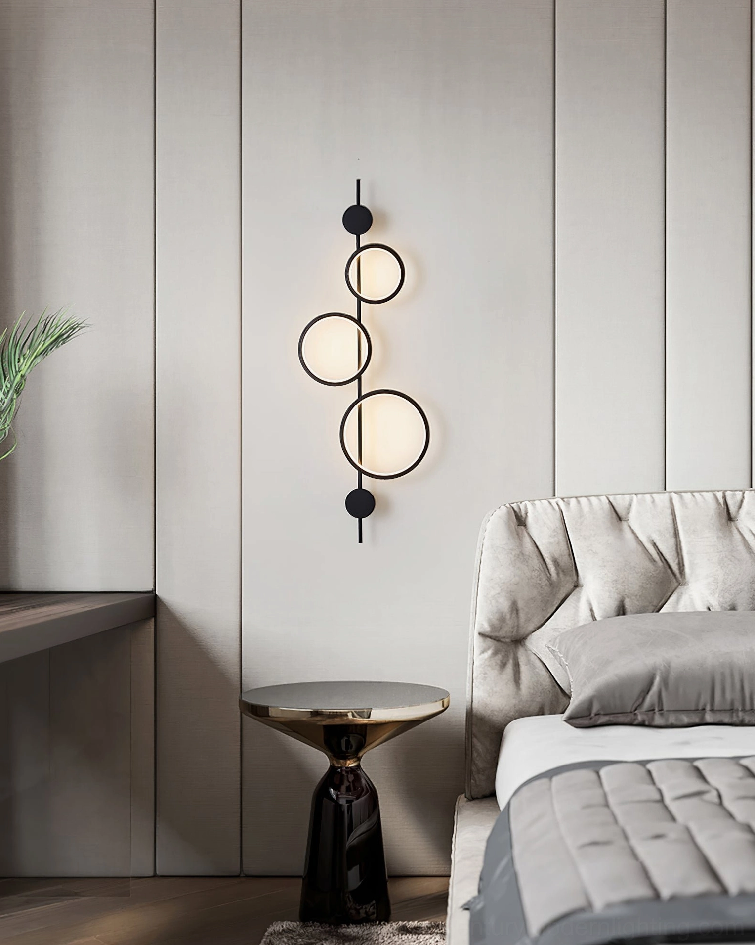 Jocco vertical ring lamp installed in luxury master bedroom creating soft ambient lighting effect