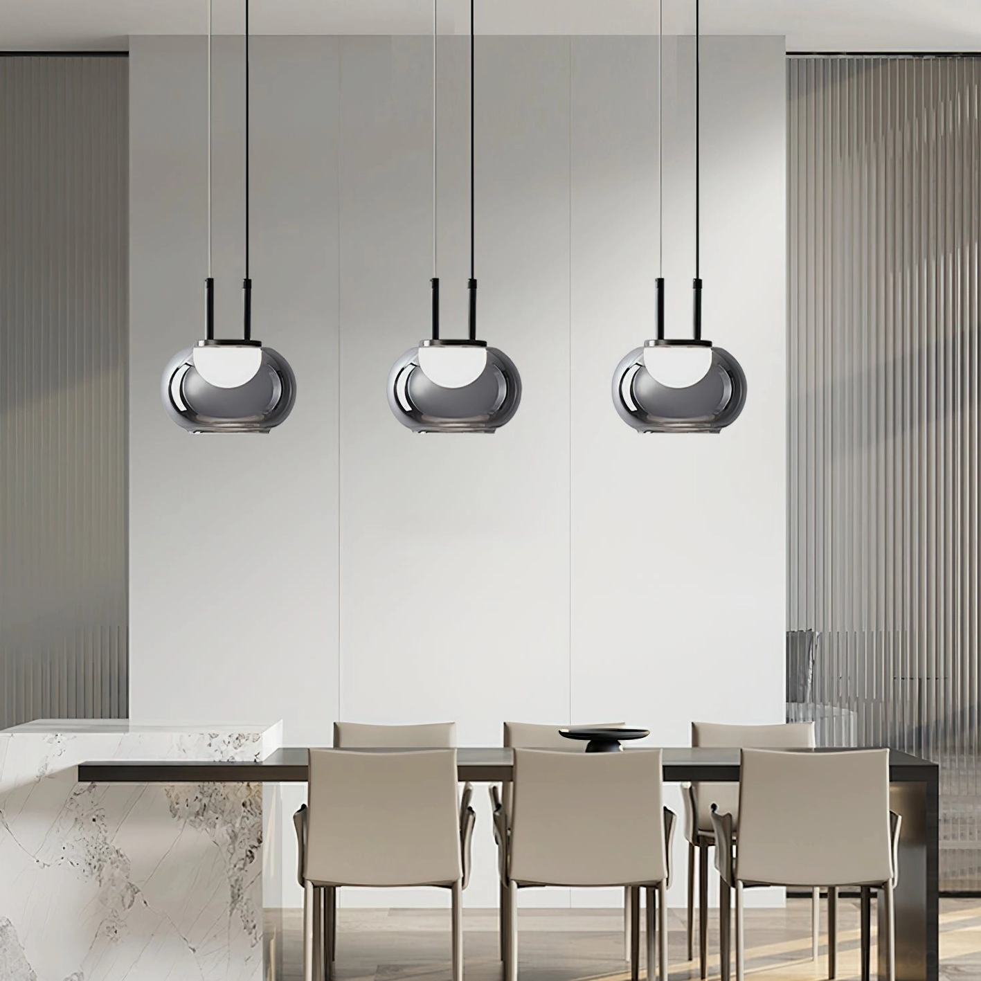 Three-head Johan pendant cluster installation in modern dining room ambiance