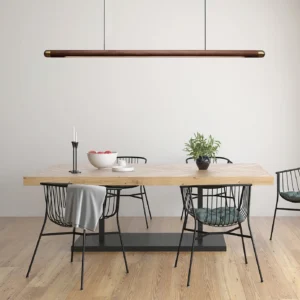 Joist linear pendant light in dining room interior, warm LED illumination, contemporary minimalist decor