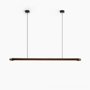 Joist linear wood chandelier frontal view, walnut wood with brass accents, minimalist mid-century modern design