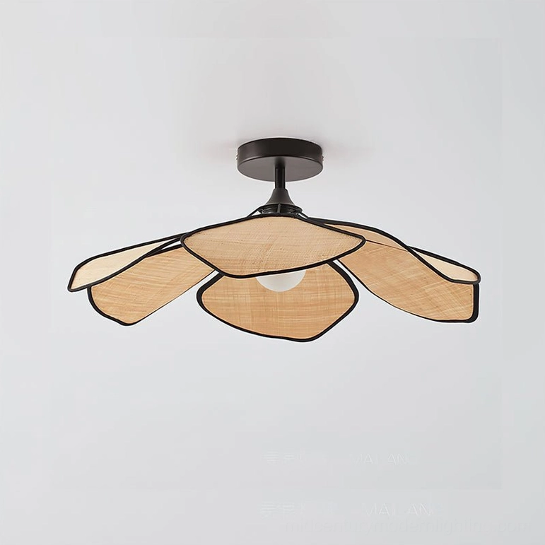 Joliette semi-flush ceiling light overhead perspective black metal frame natural rattan petal shades