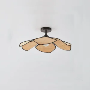 Joliette semi-flush ceiling light with black metal hardware and natural raffia petal shades angled view