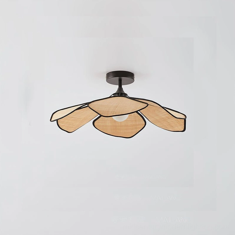 Joliette semi-flush ceiling light with black metal hardware and natural raffia petal shades angled view