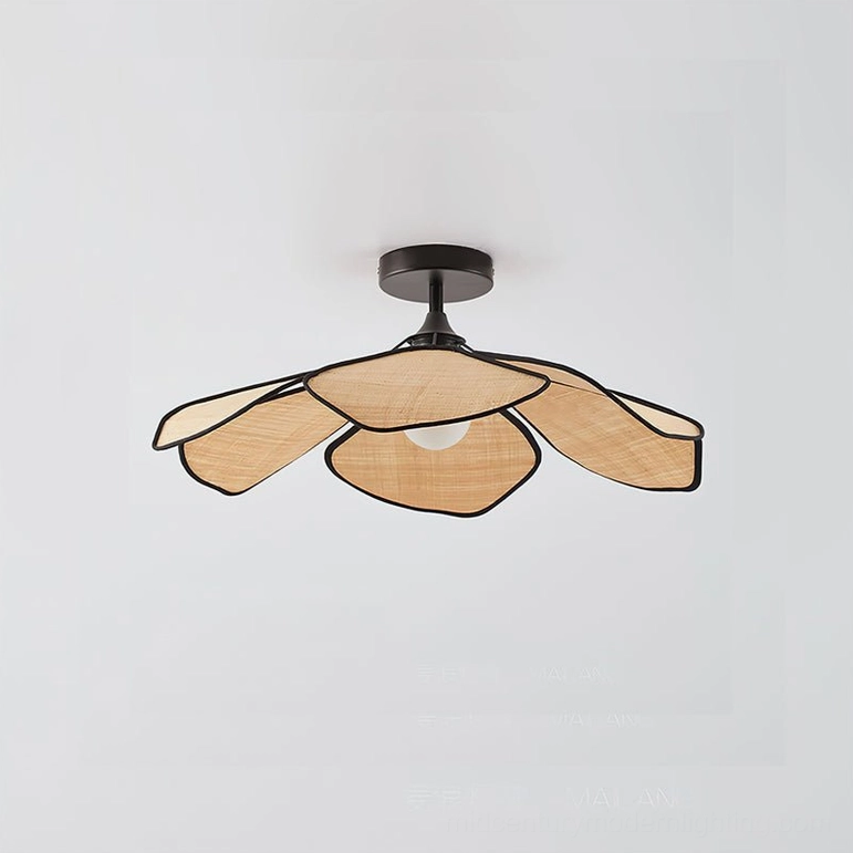 Joliette raffia ceiling light with black metal base and natural woven petal design mid-century modern