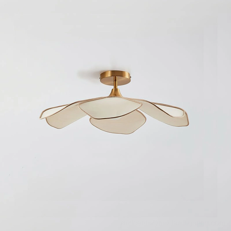 Joliette semi-flush ceiling light with brass gold mount and white fabric petal shades studio view