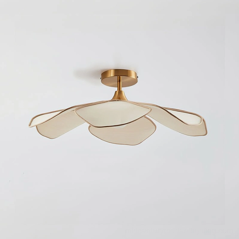 Joliette floral ceiling light three-quarter view brass gold hardware matte white petal design