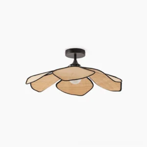 Joliette raffia ceiling light overhead view showing black metal frame and natural woven petal design mid-century modern