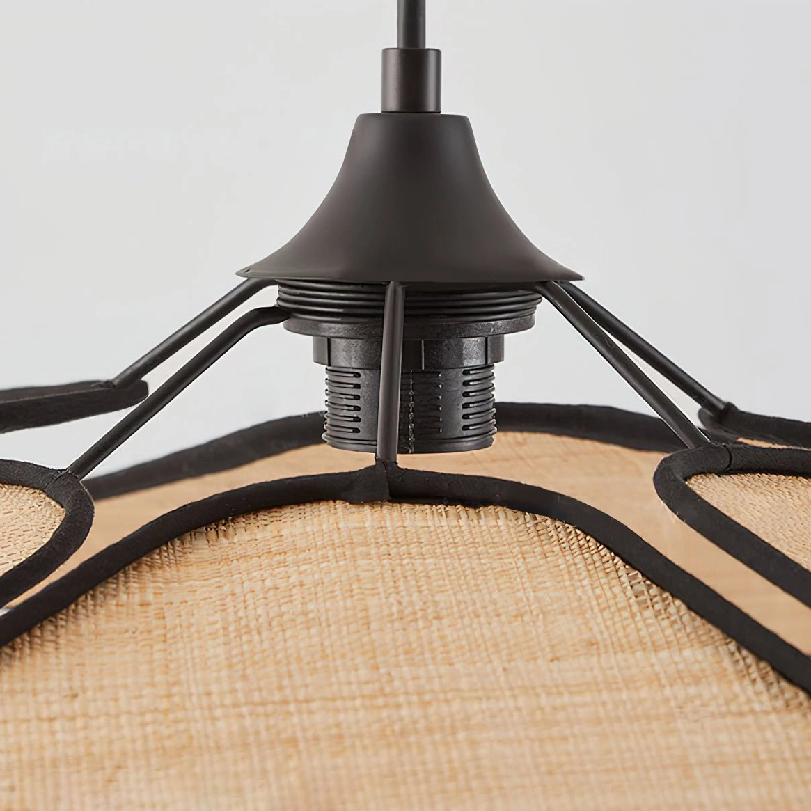 Joliette ceiling light with brass gold hardware and off-white raffia petal shades overhead view