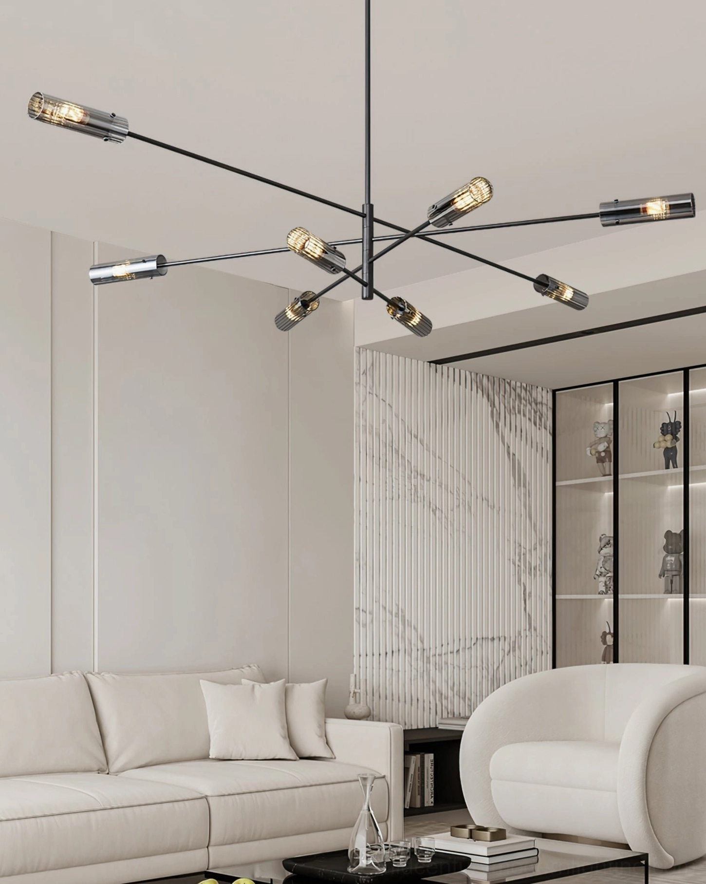 Jordy sputnik chandelier fixture suspended from ceiling detailed view