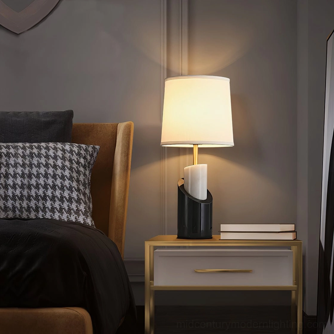 Jude marble table lamp on luxury master bedroom nightstand with gold-accented furniture