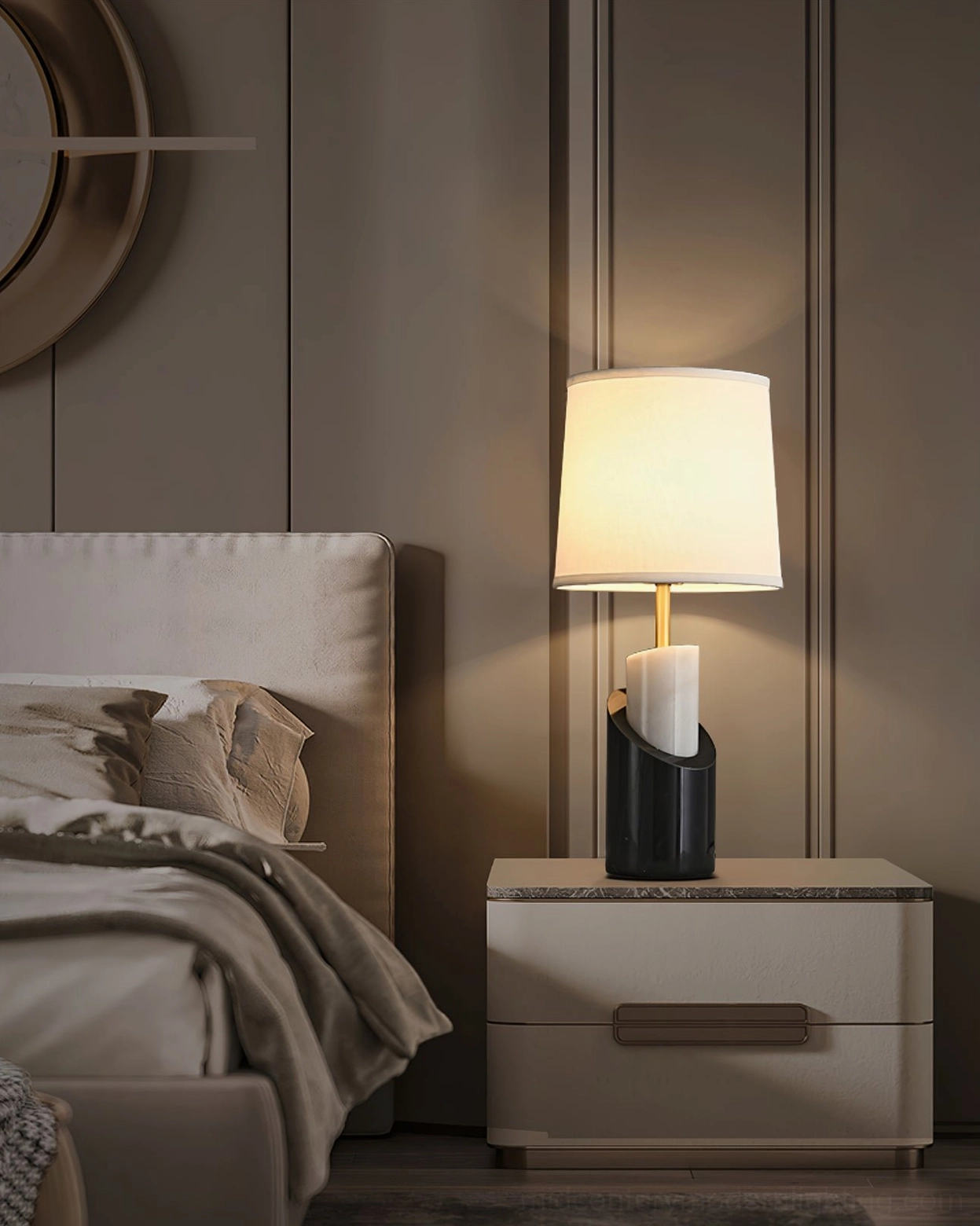 Jude marble table lamp in minimalist bedroom nightstand with neutral-toned decor