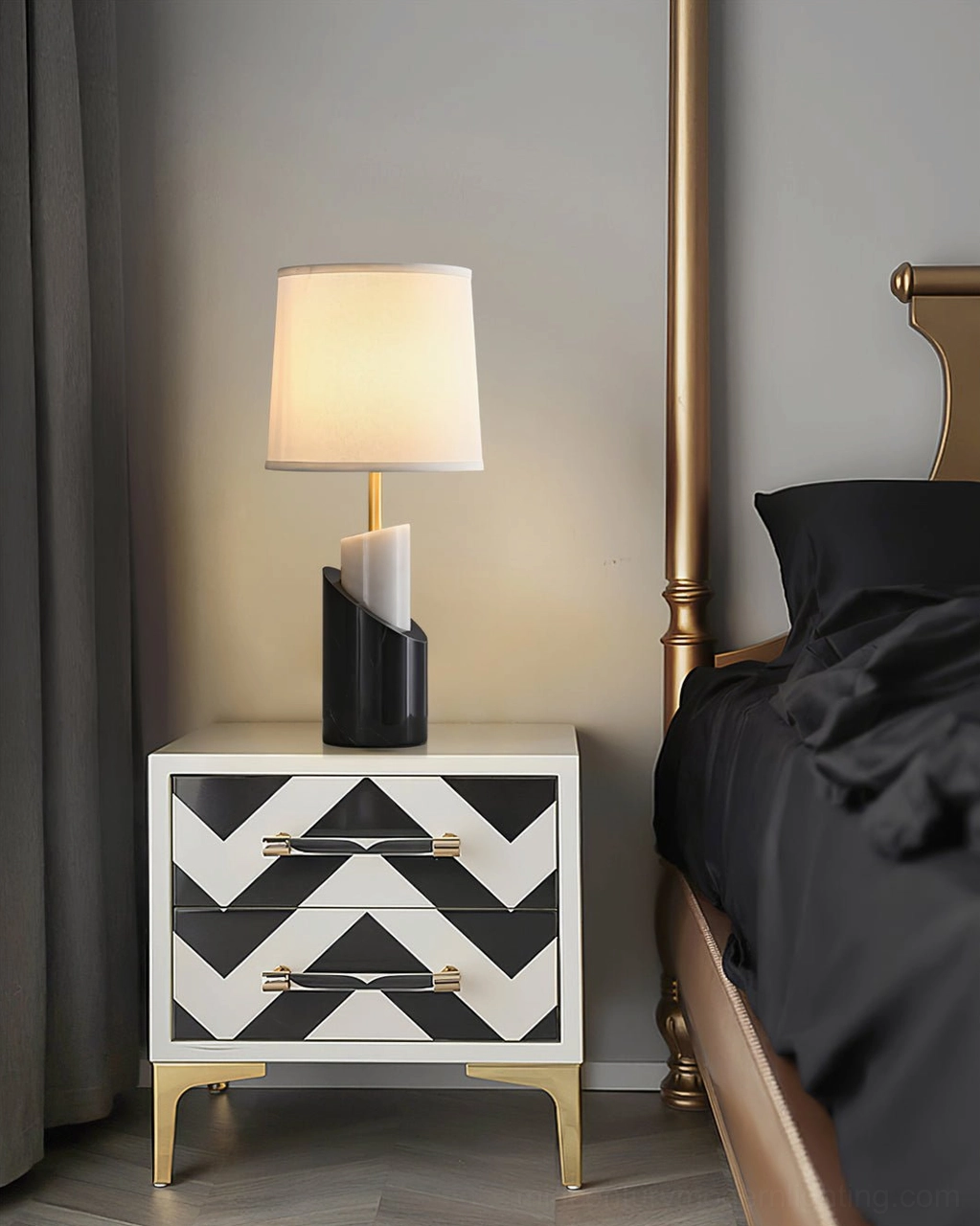 Jude marble table lamp in modern bedroom with geometric patterned nightstand