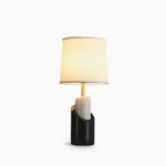 Jude marble and brass table lamp with white linen shade - minimalist mid-century modern design on white background