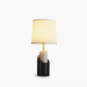 Jude marble and brass table lamp with white linen shade - minimalist mid-century modern design on white background