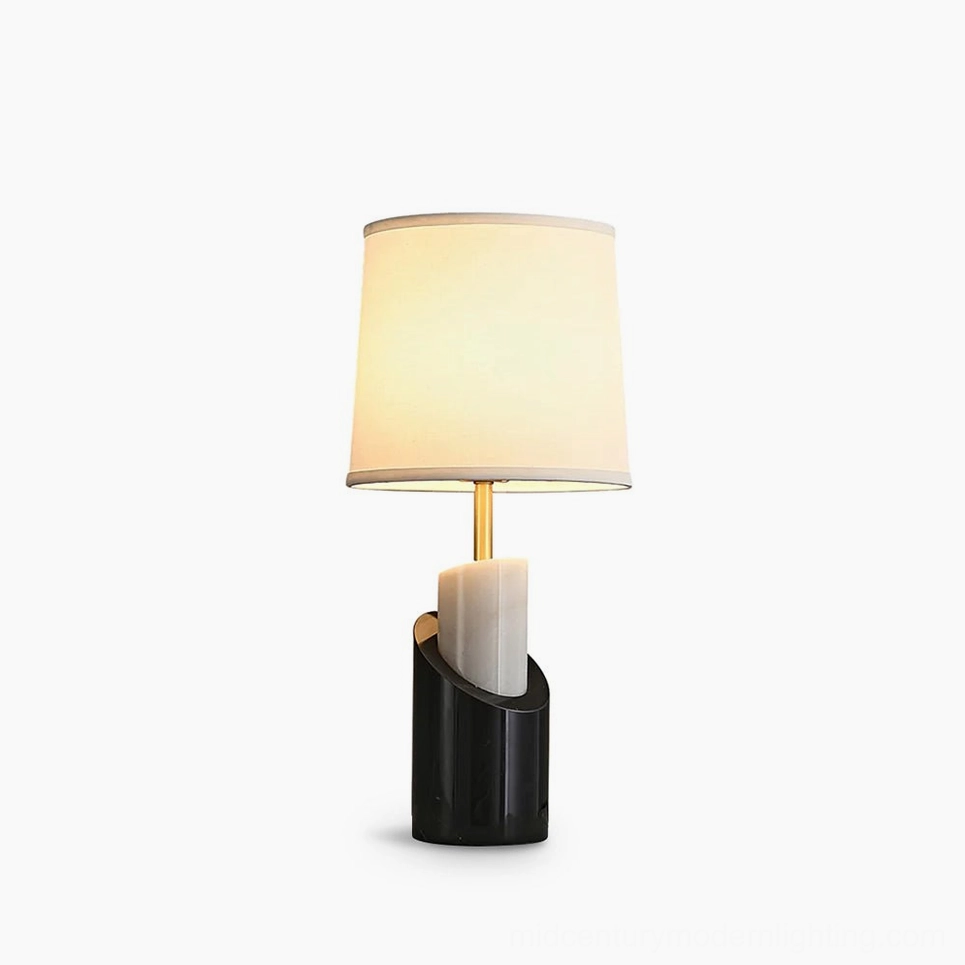 Jude marble and brass table lamp with white linen shade - minimalist mid-century modern design on white background