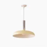 Julia pendant lamp cream disc shade with polished silver metal rod, studio front view showcasing minimalist mid-century modern design