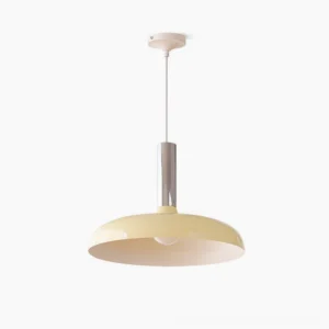 Julia pendant lamp cream disc shade with polished silver metal rod, studio front view showcasing minimalist mid-century modern design