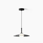 Julien three-color pendant lamp with matte black metal frame and polished opal glass diffuser, front view on white background