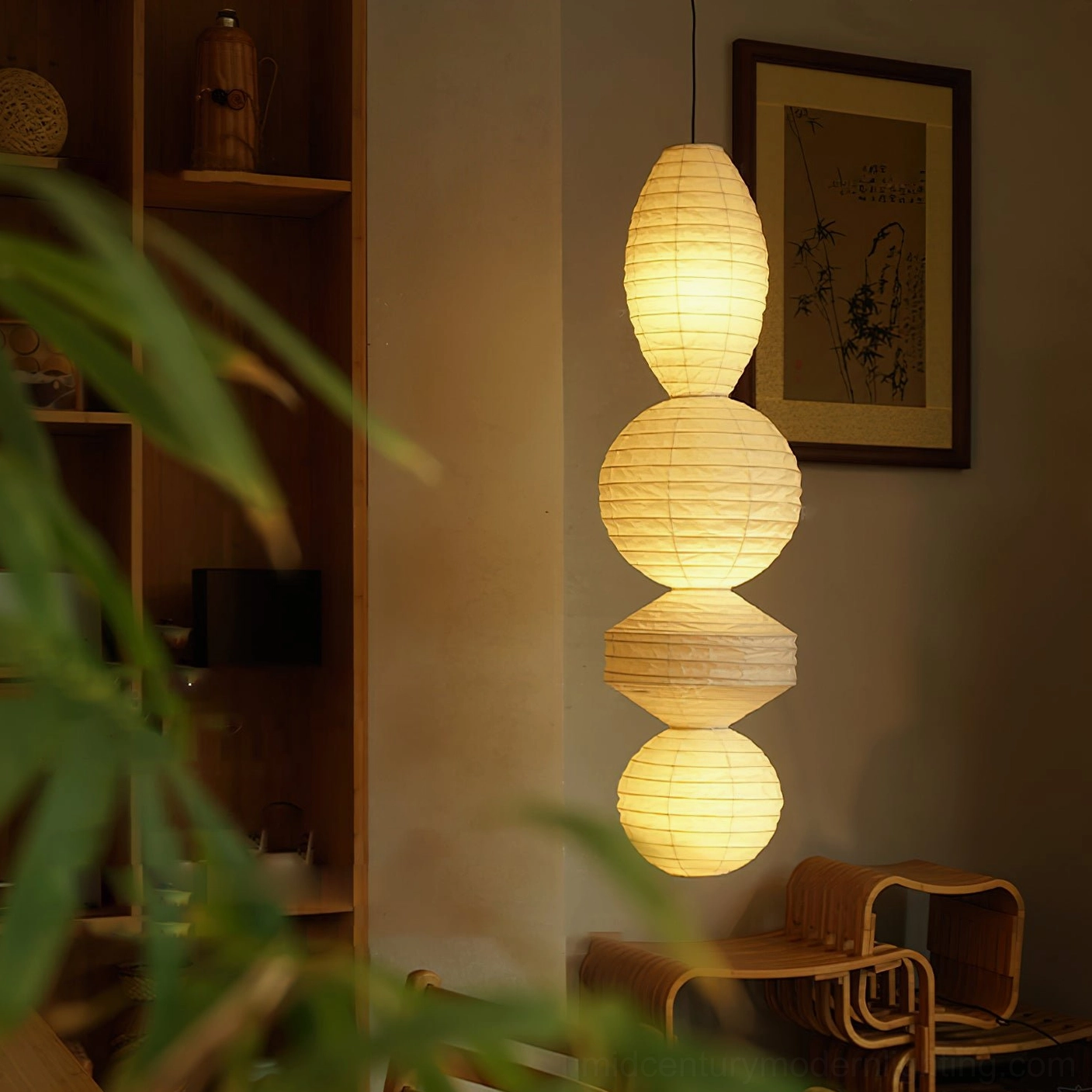 Juni paper pendant lamp close-up detail wrinkled surface craftsmanship bamboo frame