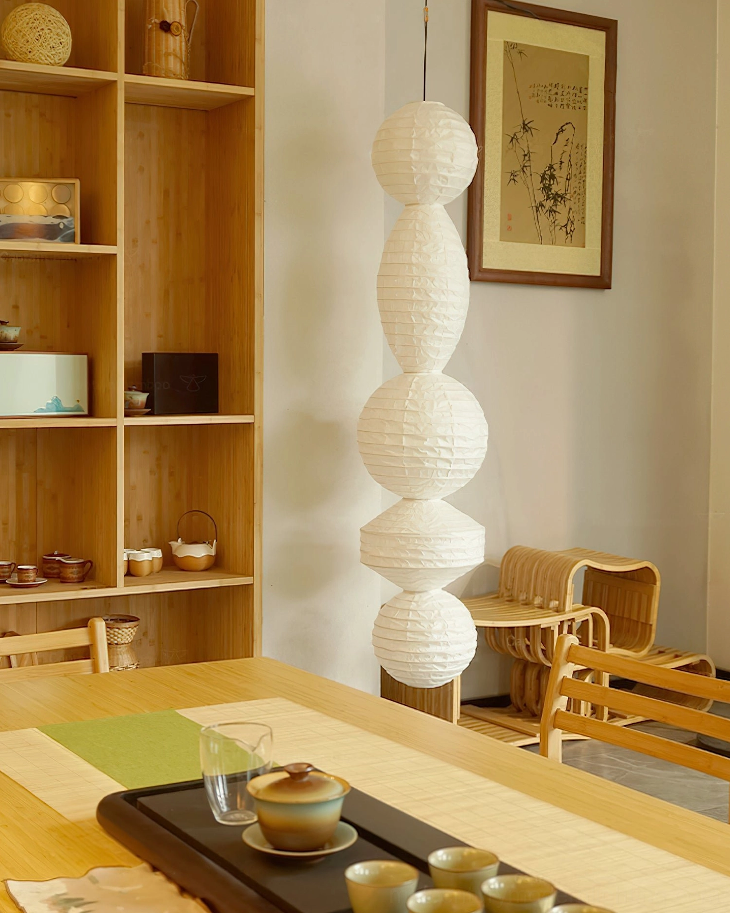 Juni paper pendant lamp side view traditional tea room wooden furniture zen aesthetic