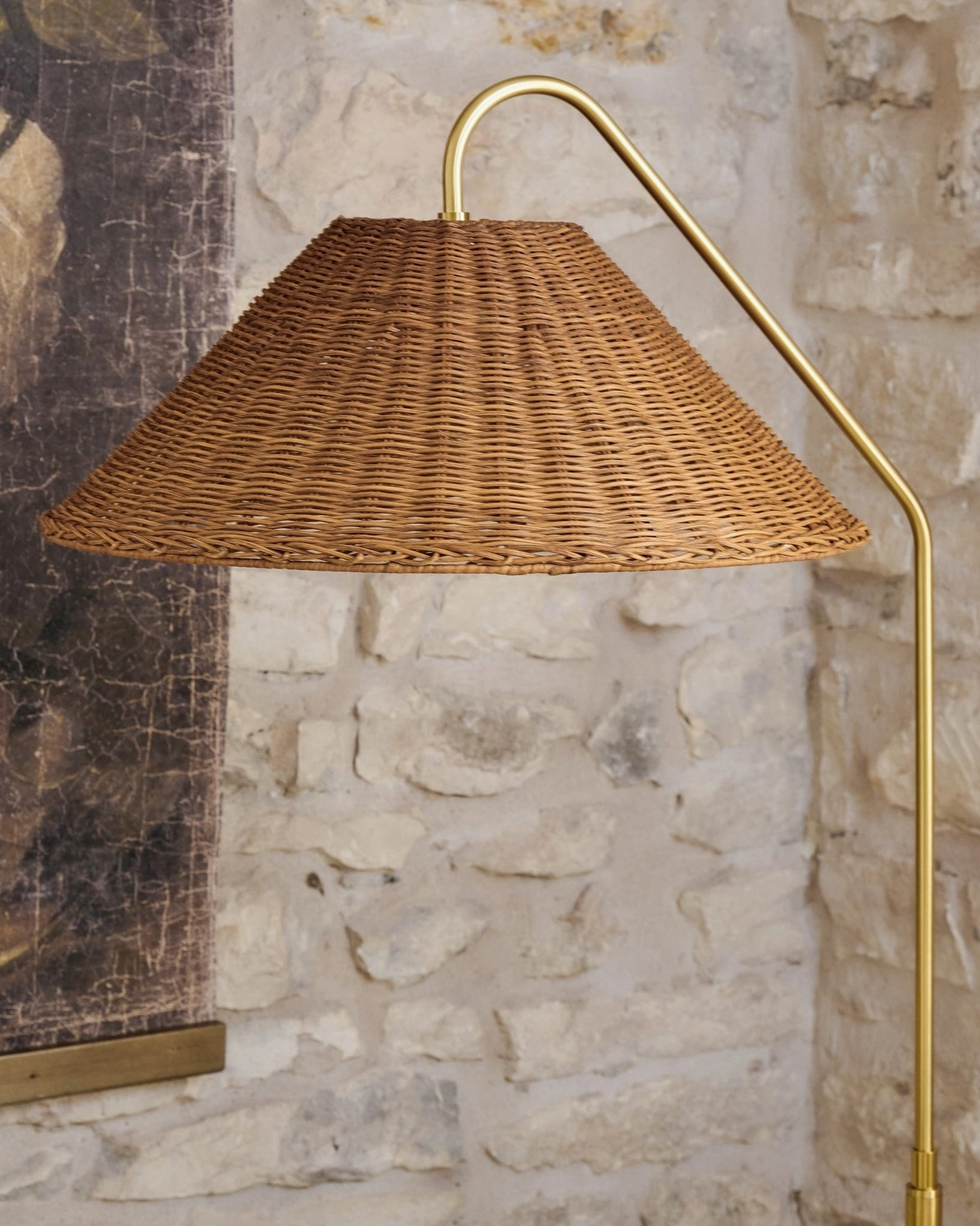 Juno arched rattan floor lamp mid-century modern design, architectural sculpture and natural texture detail shot