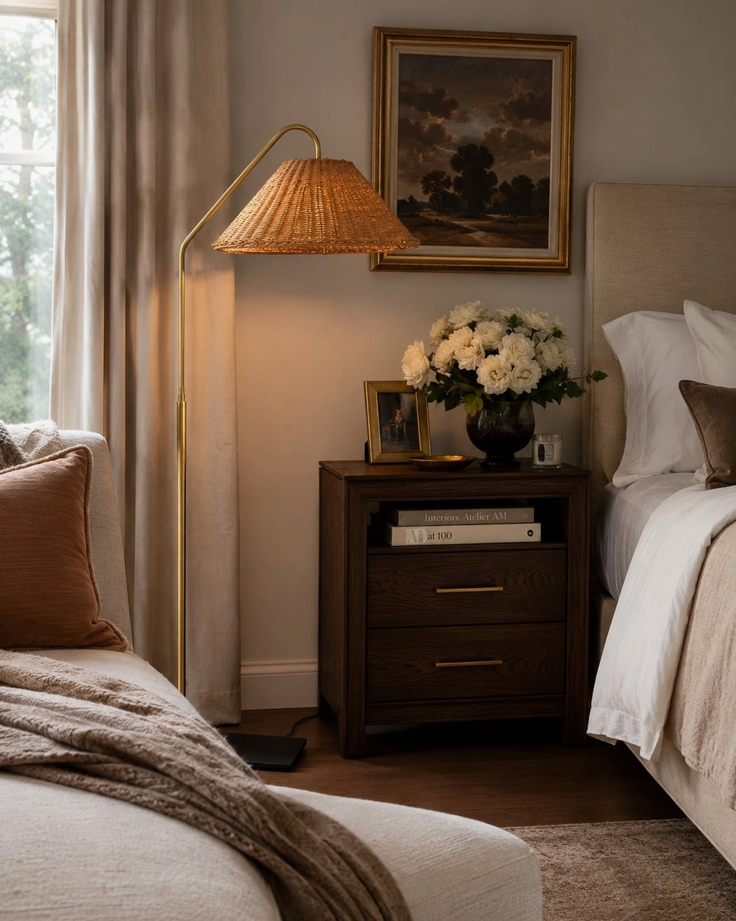Juno rattan floor lamp in cozy suburban master bedroom with neutral tones, bedside accent lighting