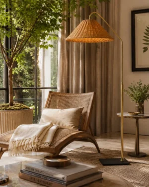 Juno mid-century modern floor lamp in sunlit bohemian living room next to woven rattan lounge chair, warm natural lighting