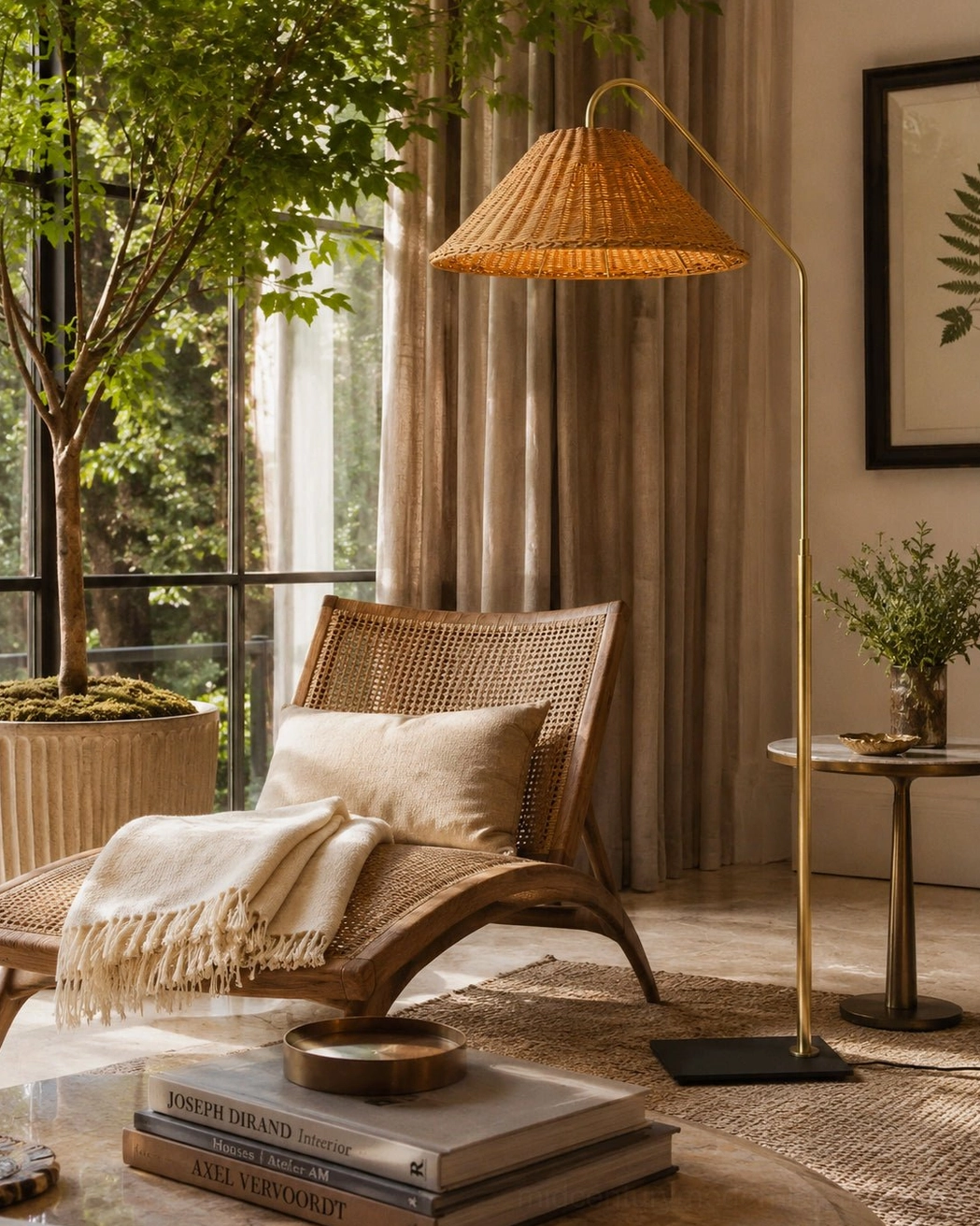 Juno mid-century modern floor lamp in sunlit bohemian living room next to woven rattan lounge chair, warm natural lighting