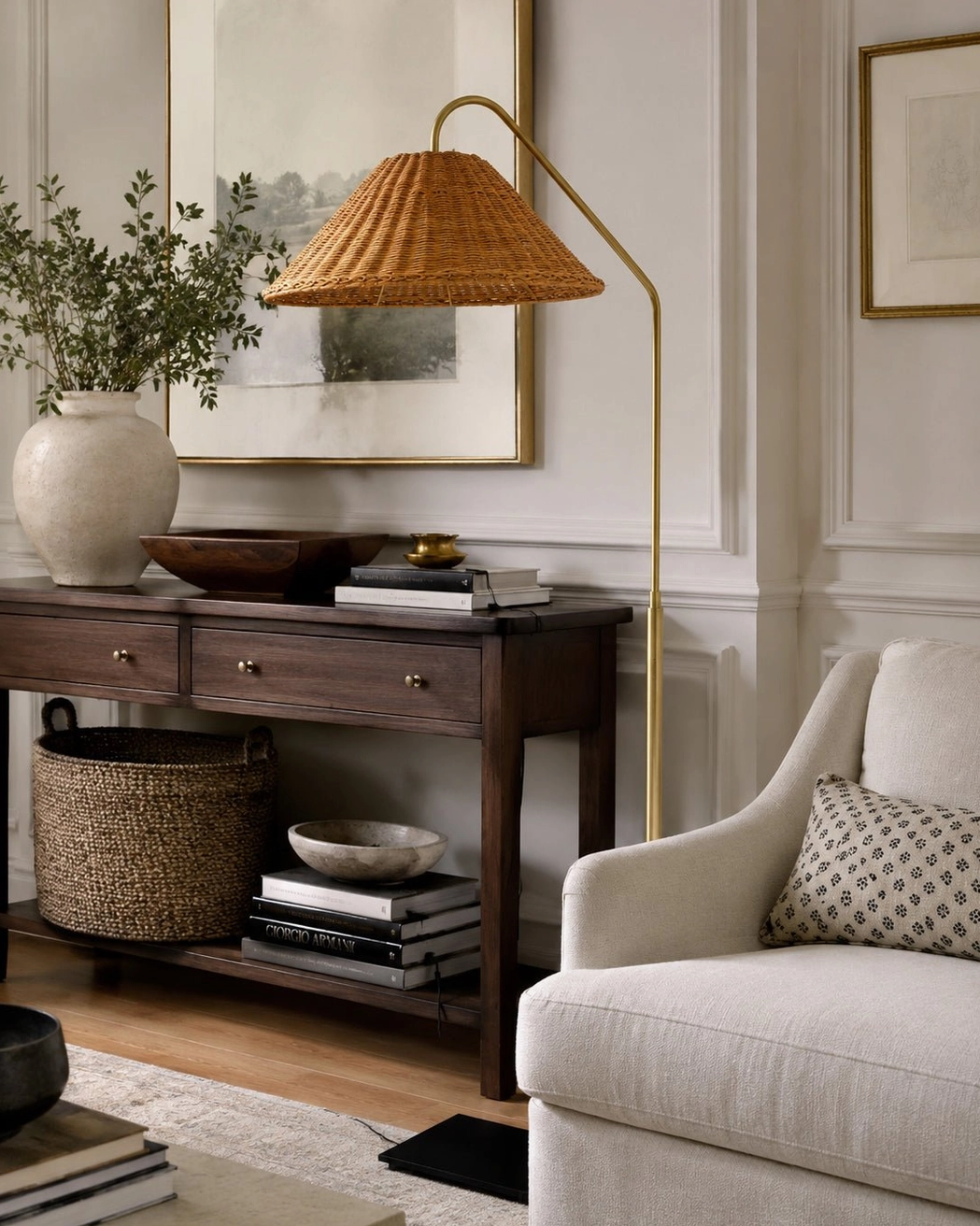 Juno arched rattan floor lamp in formal entryway living area paired with wooden console table, front side view