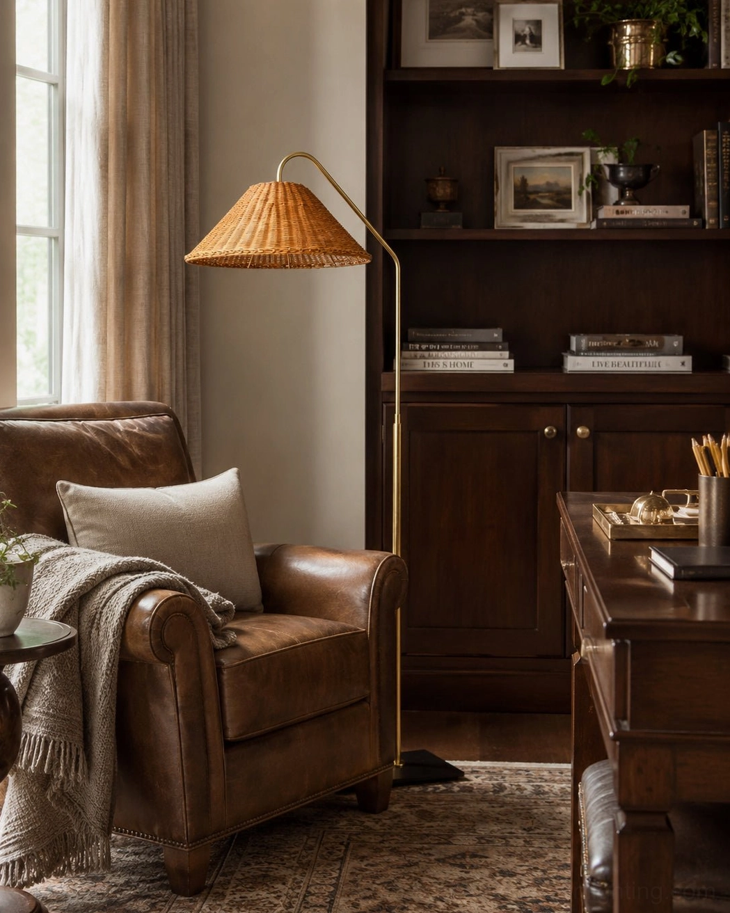 Juno arched rattan floor lamp in vintage home office study with warm traditional American decor, side angle view