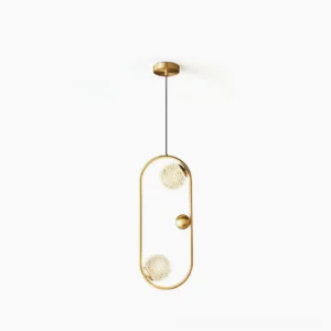 Jupiter brass pendant light with geometric faceted glass shade, frontal studio view showcasing oval silhouette and mid-century modern design